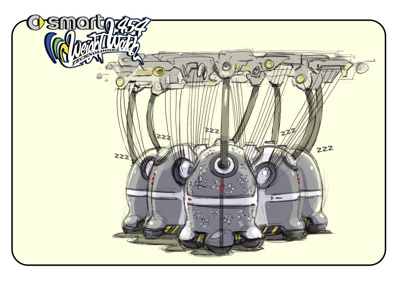 Der smart 454 wird mit Weight Watch Technologien von sogenannten Smart Granny Robots aus Kohlenstofffasern gestrickt. The smart 454 is "knitted" from carbon fibres by so-called Smart Granny Robots using Weight Watch technologies