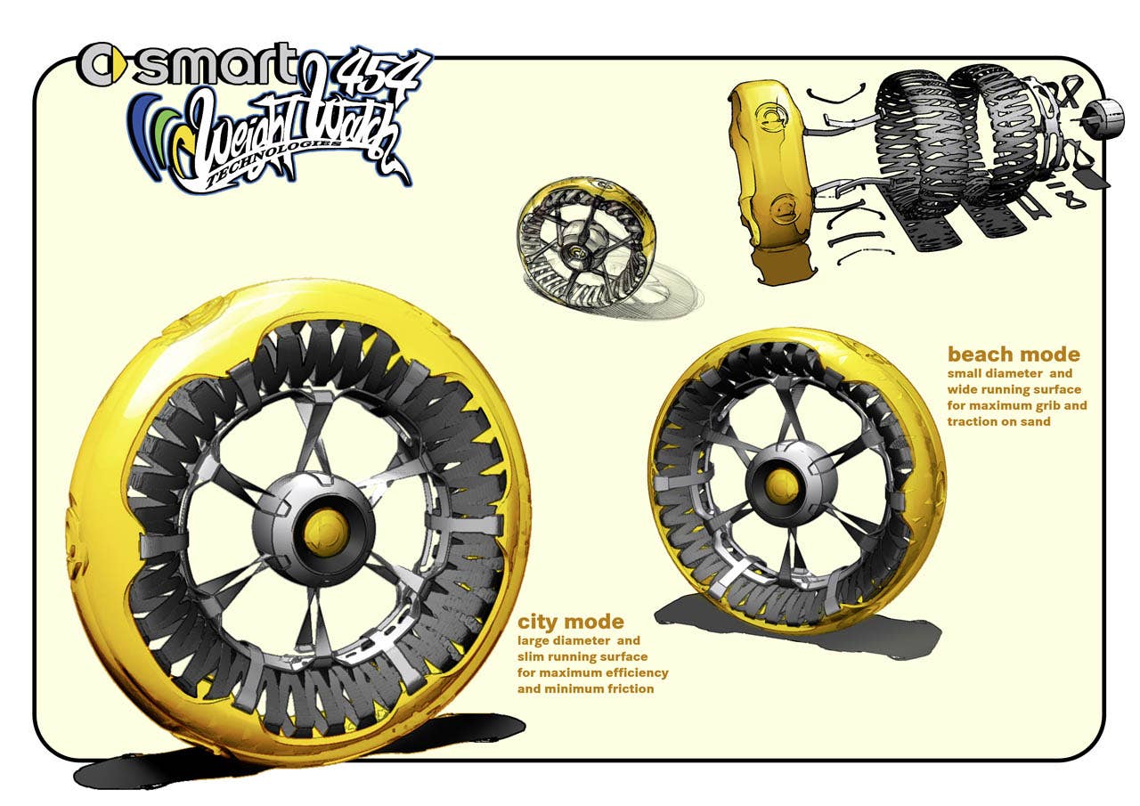 Der smart 454: Die Konstruktion der Kohlefaser-Reifen mit integrierter Federung ist extrem leichtgewichtig und macht eine Panne unmglich. The smart 454: the design of the carbon fibre tyres with integral suspension is extremely lightweight and makes flats impossible