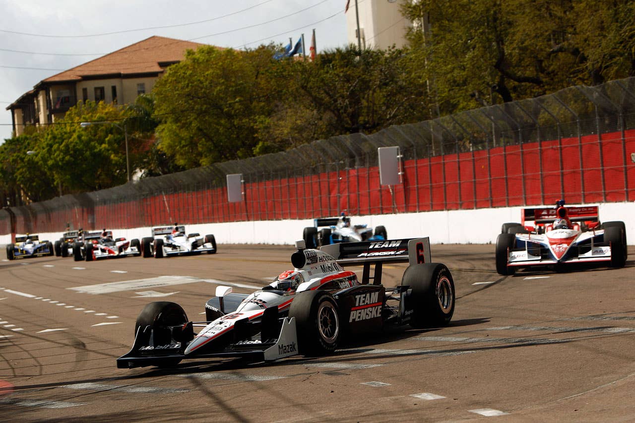 ST PETERSBURG, FL - MARCH 29:  Ryan Briscoe of Australia, driver of the #6 Team Penske Dallara Honda drives during IndyCar Series Honda Grand Prix of St. Petersburg on March 29, 2010 on the streets of St. Petersburg, Florida.  Briscoe finished third behind Justin Wlson of England second, and winner Will Power of Australia.  (Photo by Chris Graythen/Getty Images) *** Local Caption *** Ryan Briscoe