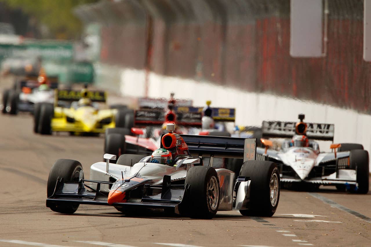 ST PETERSBURG, FL - MARCH 29:  Mario Moraes of Brazil, driver of the #32 KV Racing Technology Dallara Honda leads a pack of cars during the IndyCar Series Honda Grand Prix of St. Petersburg on March 29, 2010 on the streets of St. Petersburg, Florida.  (Photo by Chris Graythen/Getty Images) *** Local Caption *** Mario Moraes