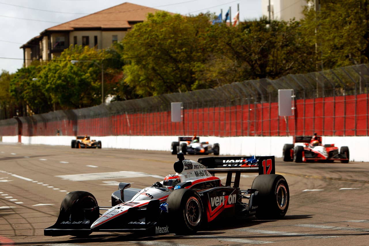 ST PETERSBURG, FL - MARCH 29:  Will Power of Australia, driver of the #12 Verizon Team Penske Dallara Honda leads a pack of cars during the IndyCar Series Honda Grand Prix of St. Petersburg on March 29, 2010 on the streets of St. Petersburg, Florida.  Power won the race over Justin Wilson of England.  (Photo by Chris Graythen/Getty Images) *** Local Caption *** Will Power