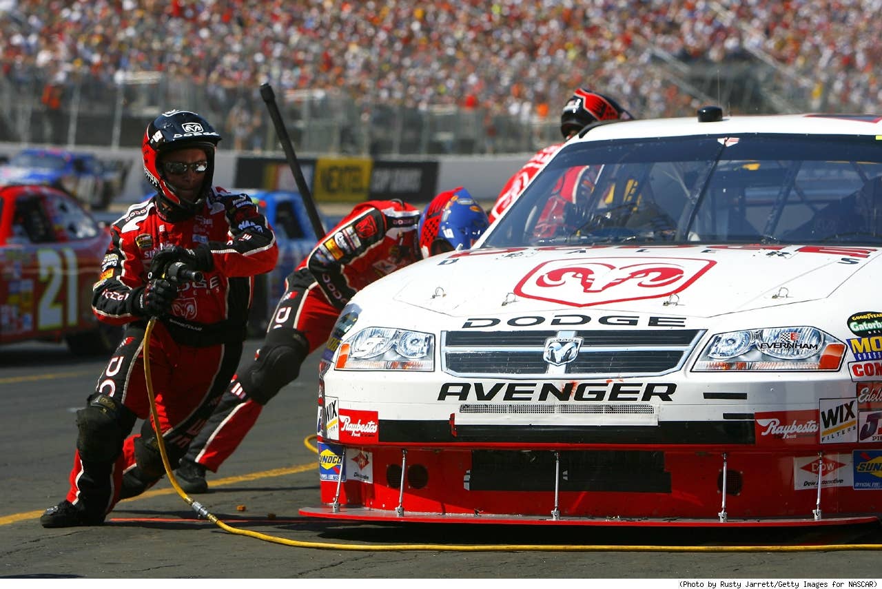 Kasey Kahne, driver of the #9 Dodge Dealers/UAW Dodge, pits his car during the NASCAR Nextel Cup Series Food City 500 at Bristol Motor Speedway on March 25, 2007 in Bristol, Tennessee.