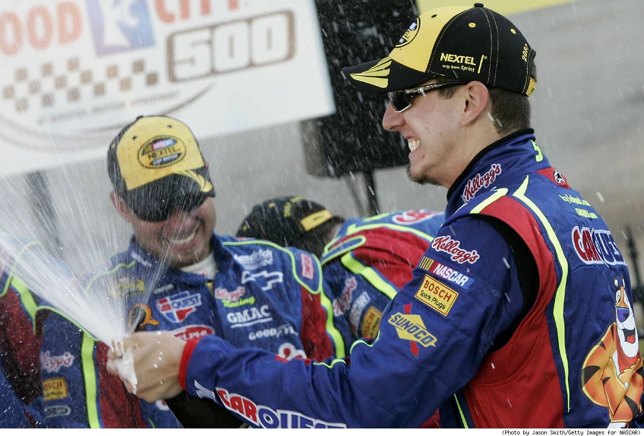 Kyle Busch, driver of the #5 Carquest/Kellogg's Chevrolet, celebrates in victory lane with his team after winning the NASCAR Nextel Cup Series Food City 500 at Bristol Motor Speedway on March 25, 2007 in Bristol, Tennessee. Busch became the first to win a race in the new Car of Tomorrow which was developed to be safer than previous models of vehicles used in stock car racing.