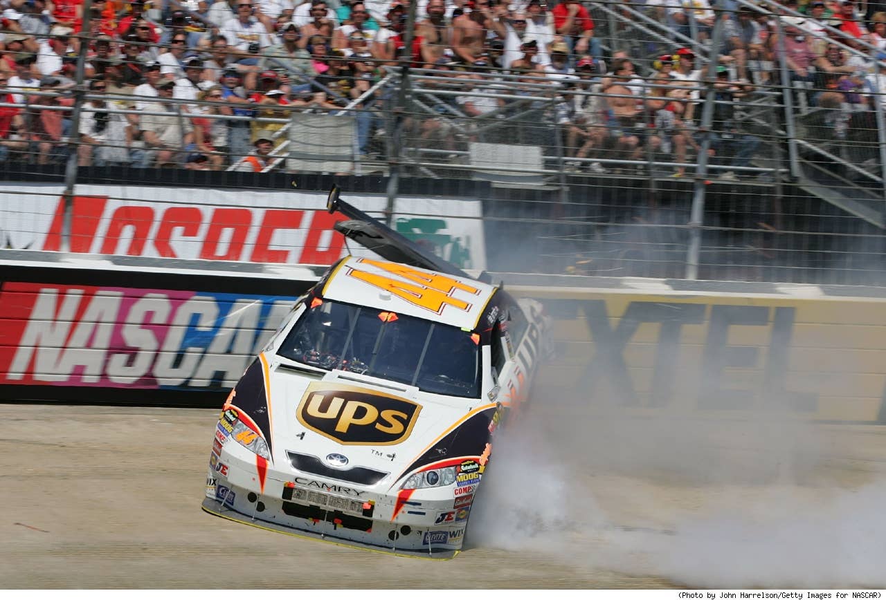 Dale Jarrett, driver of the #44 UPS Toyota, crashes during the NASCAR Nextel Cup Series Food City 500 at Bristol Motor Speedway on March 25, 2007 in Bristol, Tennessee.