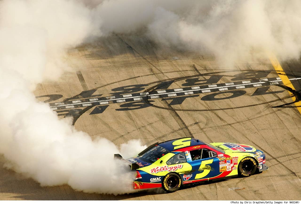 Kyle Busch, driver of the #5 Carquest/Kellogg's Chevrolet, does a burnout after winning the NASCAR Nextel Cup Series Food City 500 at Bristol Motor Speedway on March 25, 2007 in Bristol, Tennessee. Busch became the first to win a race in the new Car of Tomorrow which was developed to be safer than previous models of vehicles used in stock car racing.