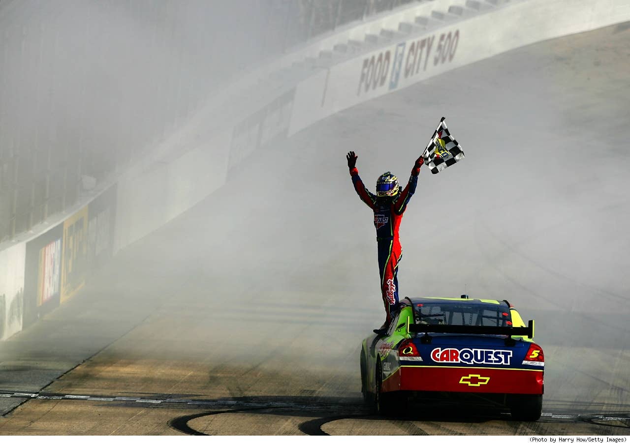 Kyle Busch, driver of the #5 Carquest/Kellogg's Chevrolet, celebrates after winning the NASCAR Nextel Cup Series Food City 500 at Bristol Motor Speedway on March 25, 2007 in Bristol, Tennessee. Busch became the first to win a race in the new Car of Tomorrow which was developed to be safer than previous models of vehicles used in stock car racing.