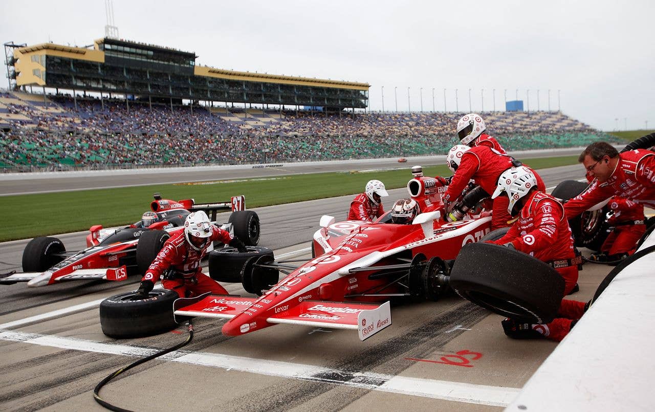 during the  Indy Car Series Road Runner Turbo Indy 300 on May 1, 2010 at Kansas Speedway in Kansas City, Kansas.