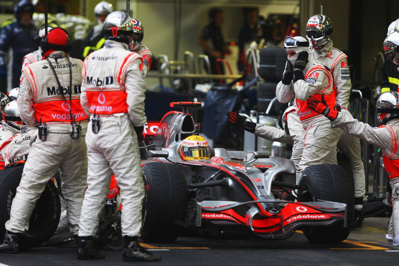 SAO PAULO, BRAZIL - NOVEMBER 02: Lewis Hamilton of Great Britain and McLaren Mercedes comes in for a pitstop during the Brazilian Formula One Grand Prix at the Interlagos Circuit on November 2, 2008 in Sao Paulo, Brazil. (Photo by Mark Thompson/Getty Images)
