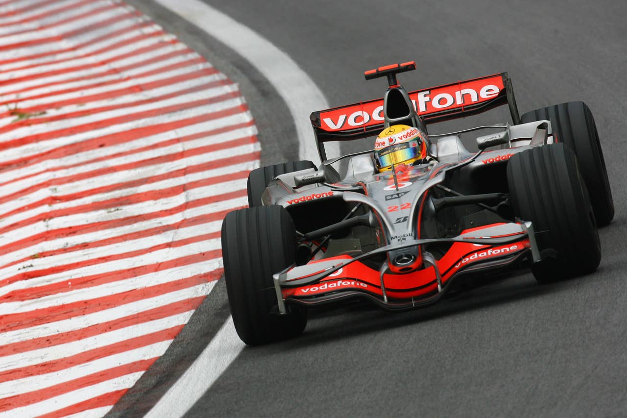 SAO PAULO, BRAZIL - NOVEMBER 02: Lewis Hamilton of Great Britain and McLaren Mercedes drives on his way to winning the Formula One World Championship during the Brazilian Formula One Grand Prix at the Interlagos Circuit on November 2, 2008 in Sao Paulo, Brazil. (Photo by Clive Mason/Getty Images)
