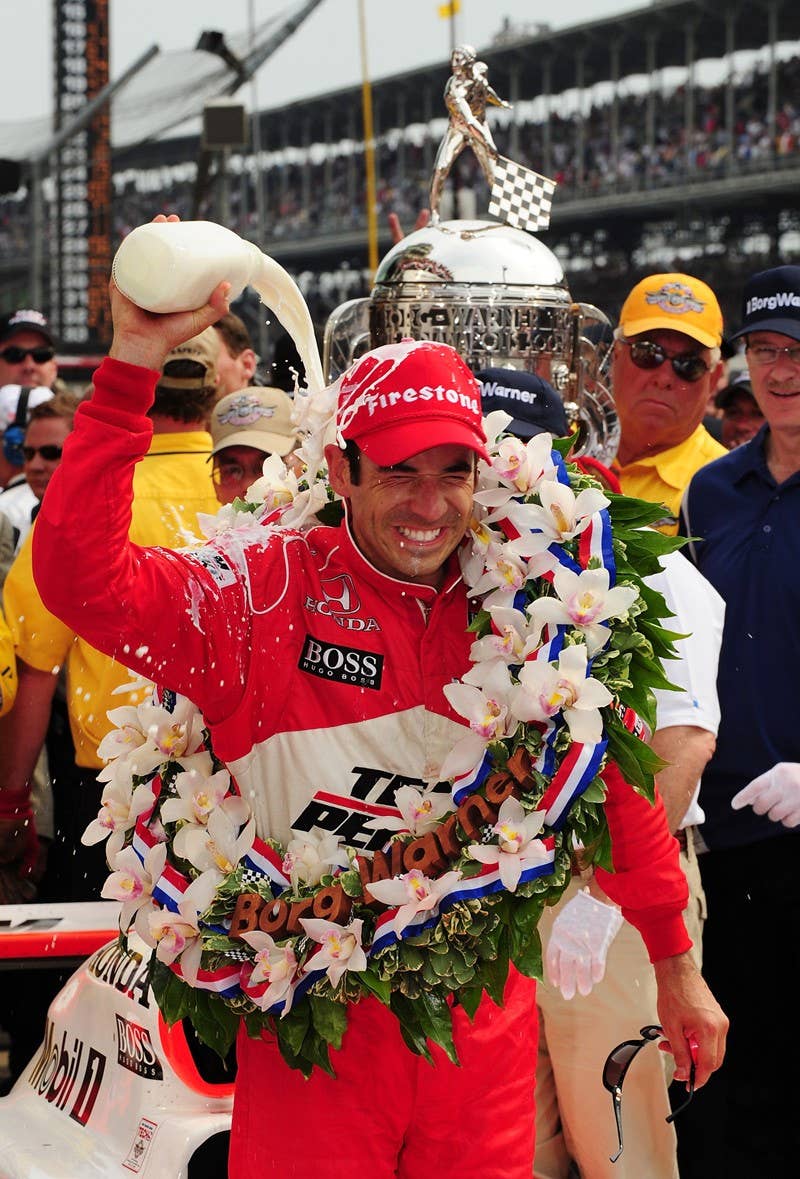 INDIANAPOLIS - MAY 24: Helio Castroneves driver of the #3 Team Penske Dallara Honda celebrates in victory lane after winning the IRL IndyCar Series 93rd running of the Indianapolis 500 at the Indianapolis Motor Speedway on May 24, 2009 in Indianapolis, Indiana. (Photo by Robert Laberge/Getty Images)