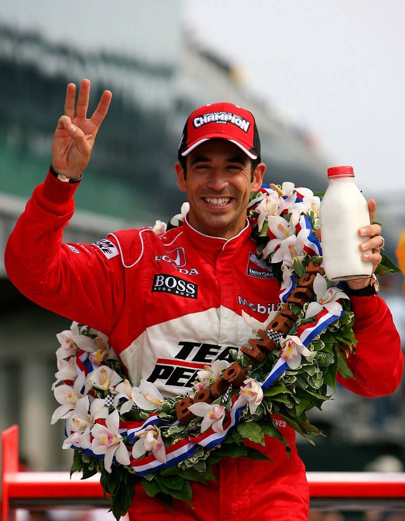 INDIANAPOLIS - MAY 24: Helio Castroneves, driver of the #3 Team Penske Dallara Honda, celebrates in victory lane after winning the IRL IndyCar Series 93rd running of the Indianapolis 500 on May 24, 2009 at the Indianapolis Motor Speedway in Indianapolis, Indiana. (Photo by Darrell Ingham/Getty Images)