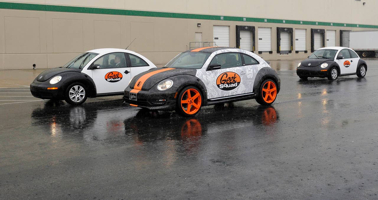 A "tricked-out" Geekmobile arrives at Geek Squad City Friday, Dec. 7, 2012 in Brooks, Ky., just outside of Louisville. (Photo by Joe Imel/Invision for Best Buy/AP Images)