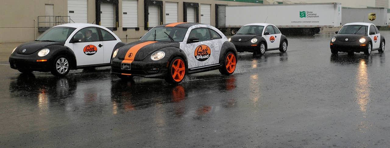 A "tricked-out" Geekmobile arrives at Geek Squad City Friday, Dec. 7, 2012 in Brooks, Ky., just outside of Louisville. (Photo by Joe Imel/Invision for Best Buy/AP Images)