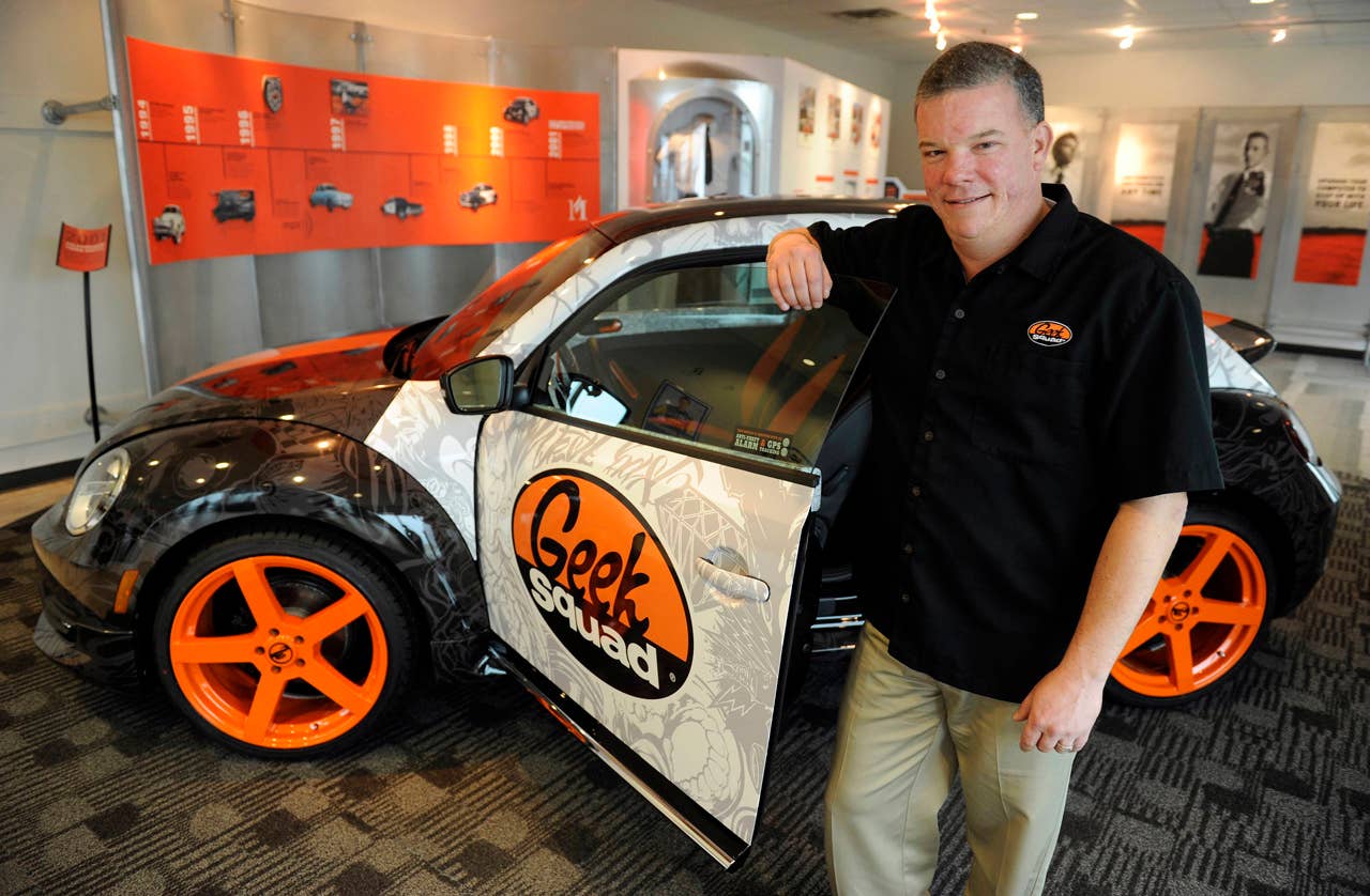 Geek Squad City Mayor Wes Snyder was on hand when a "tricked-out" Geekmobile arrived at Geek Squad City Friday, Dec. 7, 2012 in Brooks, Ky., just outside of Louisville. (Photo by Joe Imel/Invision for Best Buy/AP Images)