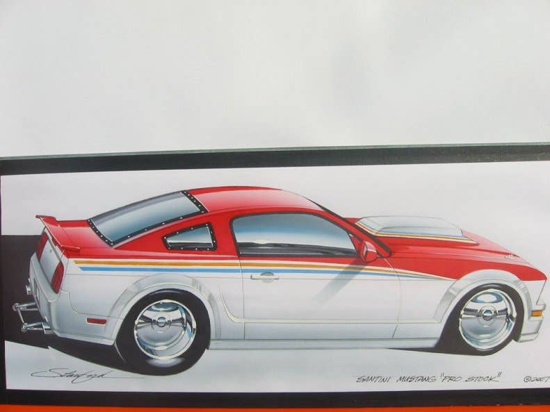 This racehorse is all show and all go. Prostang is the result of the collaborative efforts of master auto painter Santini-USA, the master interior craftsmanship of Steve Stanford Design and Mustang performance expertise of Roush Performance. The 2007 Mustang pro-street coupe shines in brilliant red on white Alsa exotic paint with blue-and-yellow accent stripes. The 4.6-liter V-8 wears a polished supercharger and intercooler and Bassani custom exhaust. Inside, leather seats tuck between a full roll cage.