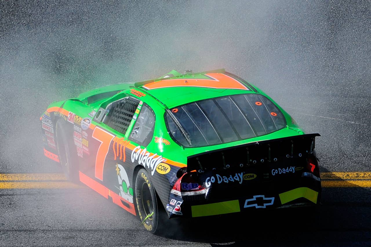 DAYTONA BEACH, FL - FEBRUARY 13:  Danica Patrick, driver of the #7 GoDaddy.com Chevrolet, looses control after a multiple car crash during the NASCAR Nationwide Series Drive4COPD 300 at Daytona International Speedway on February 13, 2010 in Daytona Beach, Florida.  (Photo by Sam Greenwood/Getty Images) *** Local Caption *** Danica Patrick