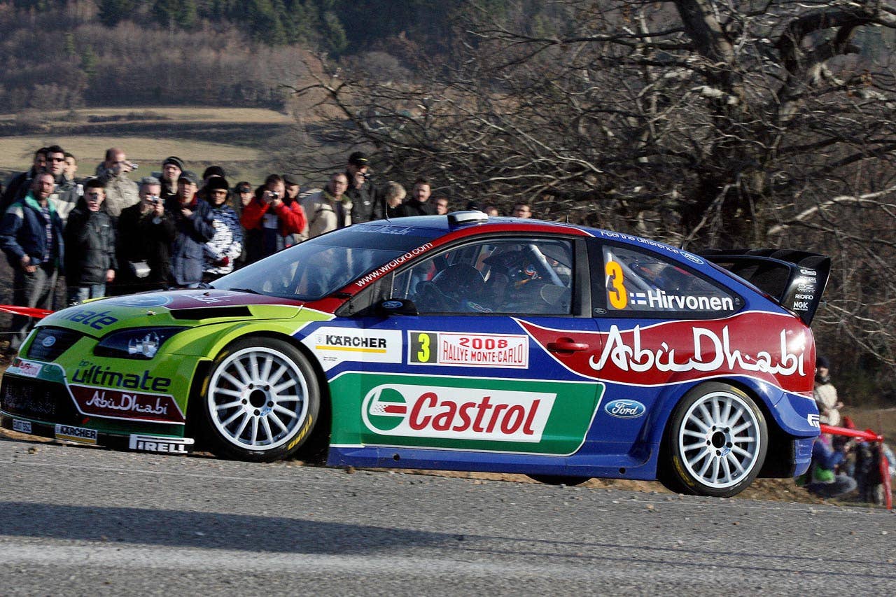 Finnish Mikko Hirvonen steers his Ford Focus RS WRC 07, 24 January 2008 in Vernoux-en-Vivarais near Valence, south-eastern France, during a training session of the 76th edition of the Monte-Carlo Rally.
