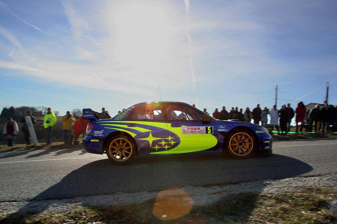 Norwegian Petter Solberg steers his Subaru Impreza WRC 24 January 2008 in Vernoux en Vivarais near Valence, south-eastern France, during a training session of the 76th edition of the Monte-Carlo Rally.