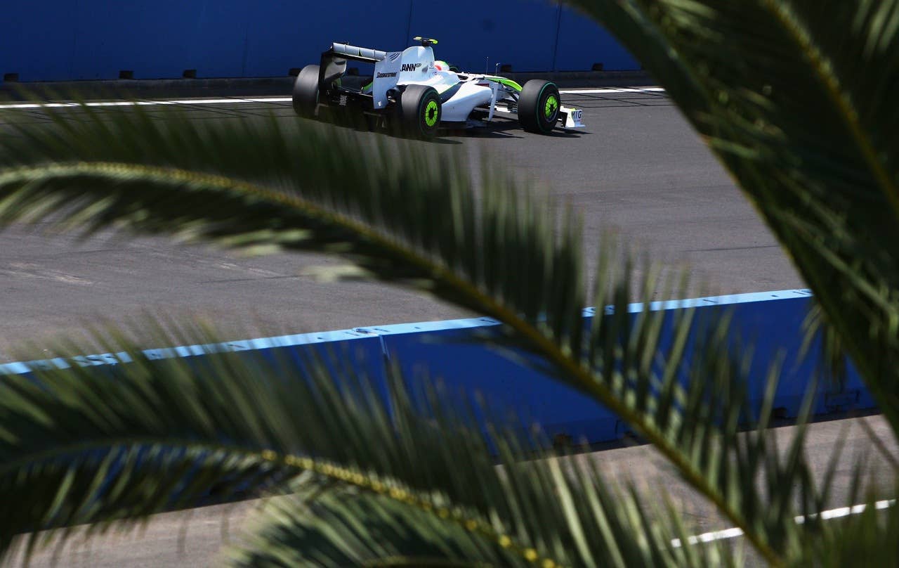 F1 Grand Prix of Europe - Race VALENCIA, SPAIN - AUGUST 23: Rubens Barrichello of Brazil and Brawn GP drives on his way to winning the European Formula One Grand Prix at the Valencia Street Circuit on August 23, 2009, in Valencia, Spain. (Photo by Ryan Pierse/Getty Images)