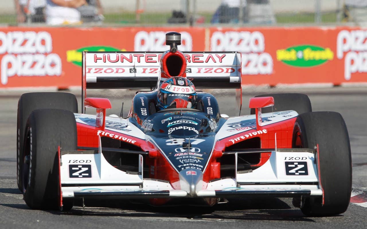 Ryan Hunter-Reay  drives on the track during a practice session for the Toronto INDY auto race in Toronto on Saturday, July 17, 2010.