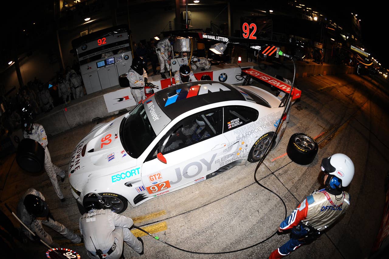 BMW M3 GT Coupe No. 92 makes a pit stop late in the 2010 ALMS 12 Hours of Sebring. 20 March 2010.