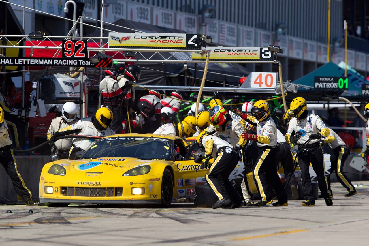 Corvette Racing, Mobil 1 12 Hours of Sebring, Sebring International Raceway in Sebring, Florida USA, March 20, 2010, C6.R #3 driven in GT2 class by Johnny O'Connell, Jan Magnussen, and Antonio Garcia, C6.R #4 driven in GT2 class by Oliver Gavin, Olivier Beretta, and Emmanuel Collard (Richard Prince/GM Racing Photo).