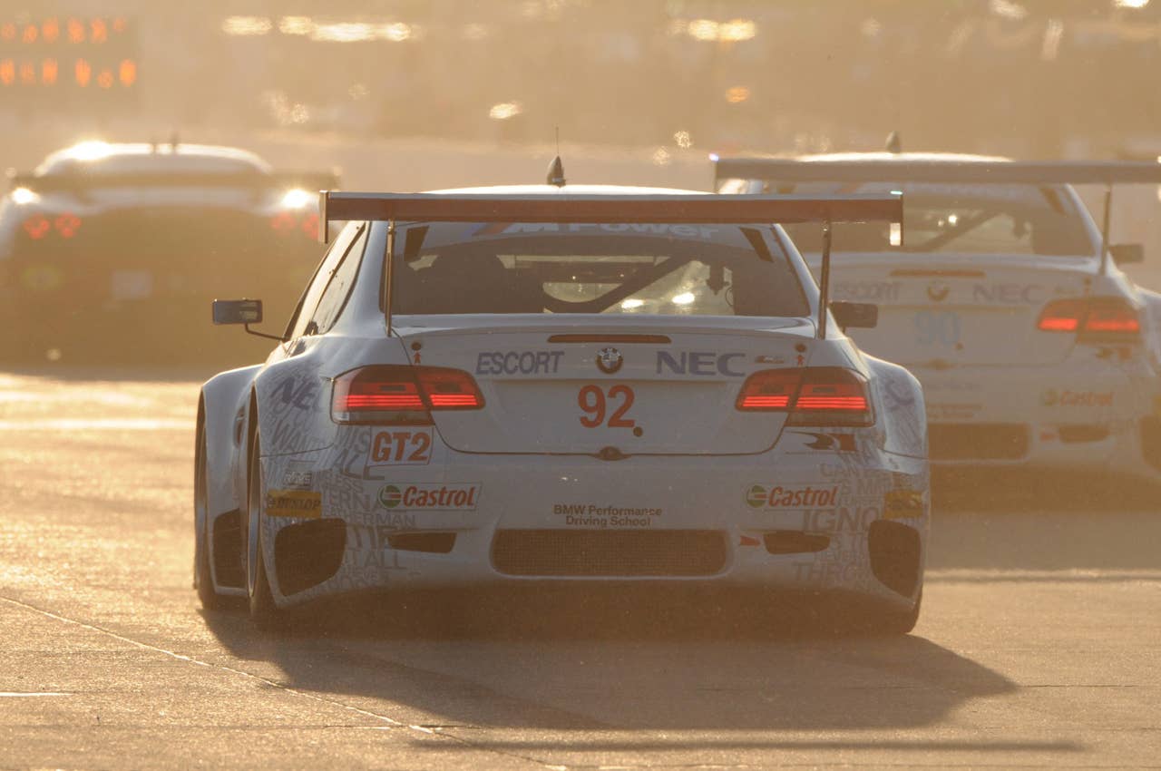 The BMW M3 GT Coupes of the BMW Rahal Letterman Racing Team sprint together at the 2010 ALMS 12 Hours of Sebring. 20 March 2010.