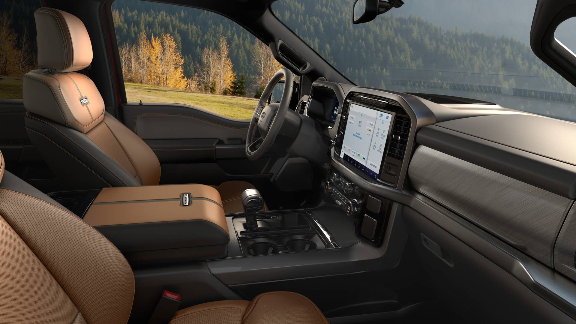 The cabin is completely redesigned with more comfort, technology and functionality for truck customers along with more premium materials, more color choices and more storage. Shown here is the interior of the all-new F-150 Platinum.