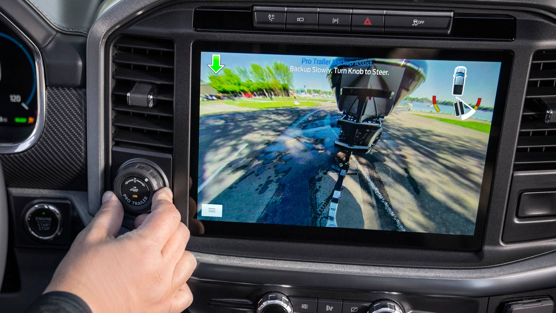 Available Pro Trailer Backup Assist makes backing up a trailer as easy as turning a knob; the feature continues in the all-new F-150 and is exclusive in the segment of full-size pickups under 8,500 pounds GVWR.