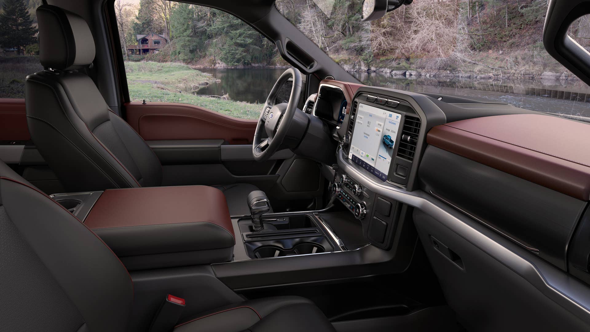 The cabin is completely redesigned with more comfort, technology and functionality for truck customers along with more premium materials, more color choices and more storage. Shown here is the interior of the all-new F-150 Lariat Sport
