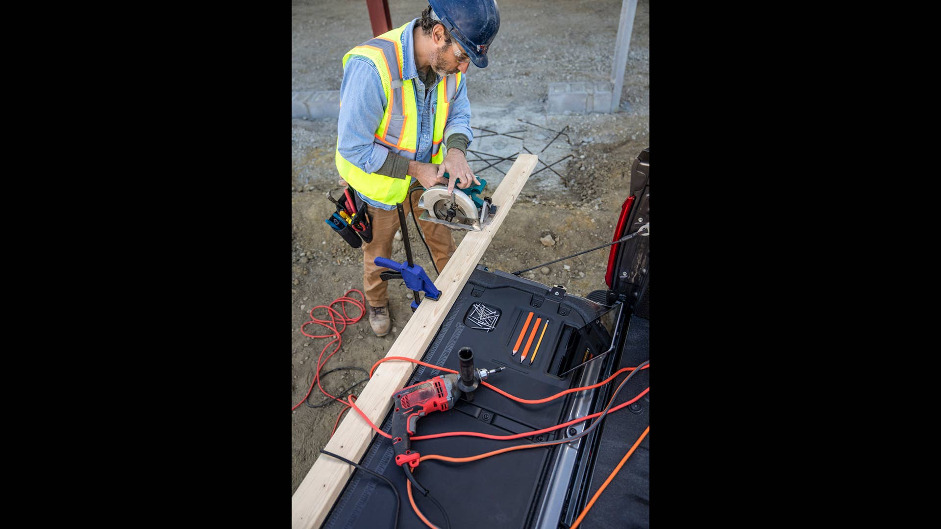 All-new F-150 with available Pro Power Onboard, standard clamp pockets so customers can hold materials down for precision work and available Tailgate Work Surface including integrated rulers, a mobile device holder, cupholder and pencil holder.