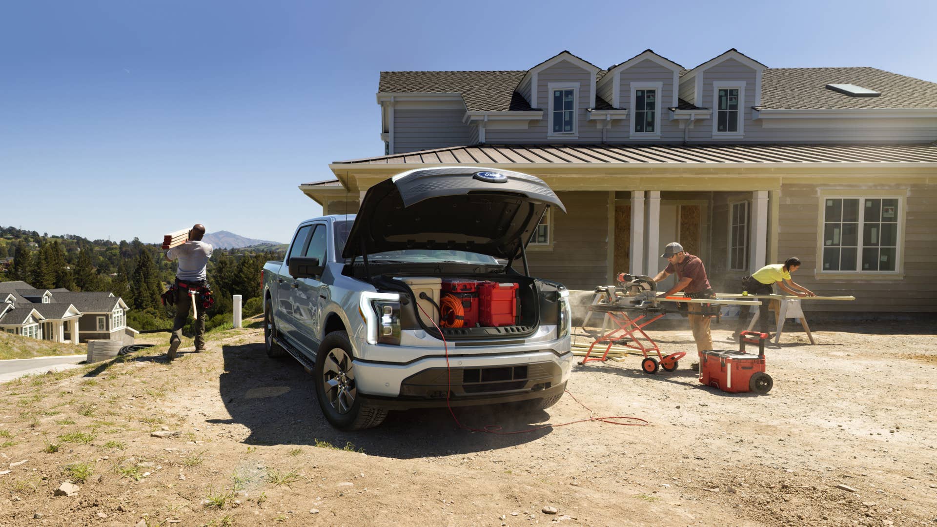 2022 Ford F-150 Lightning Pro. Pre-production model with available features shown. Available starting spring 2022.