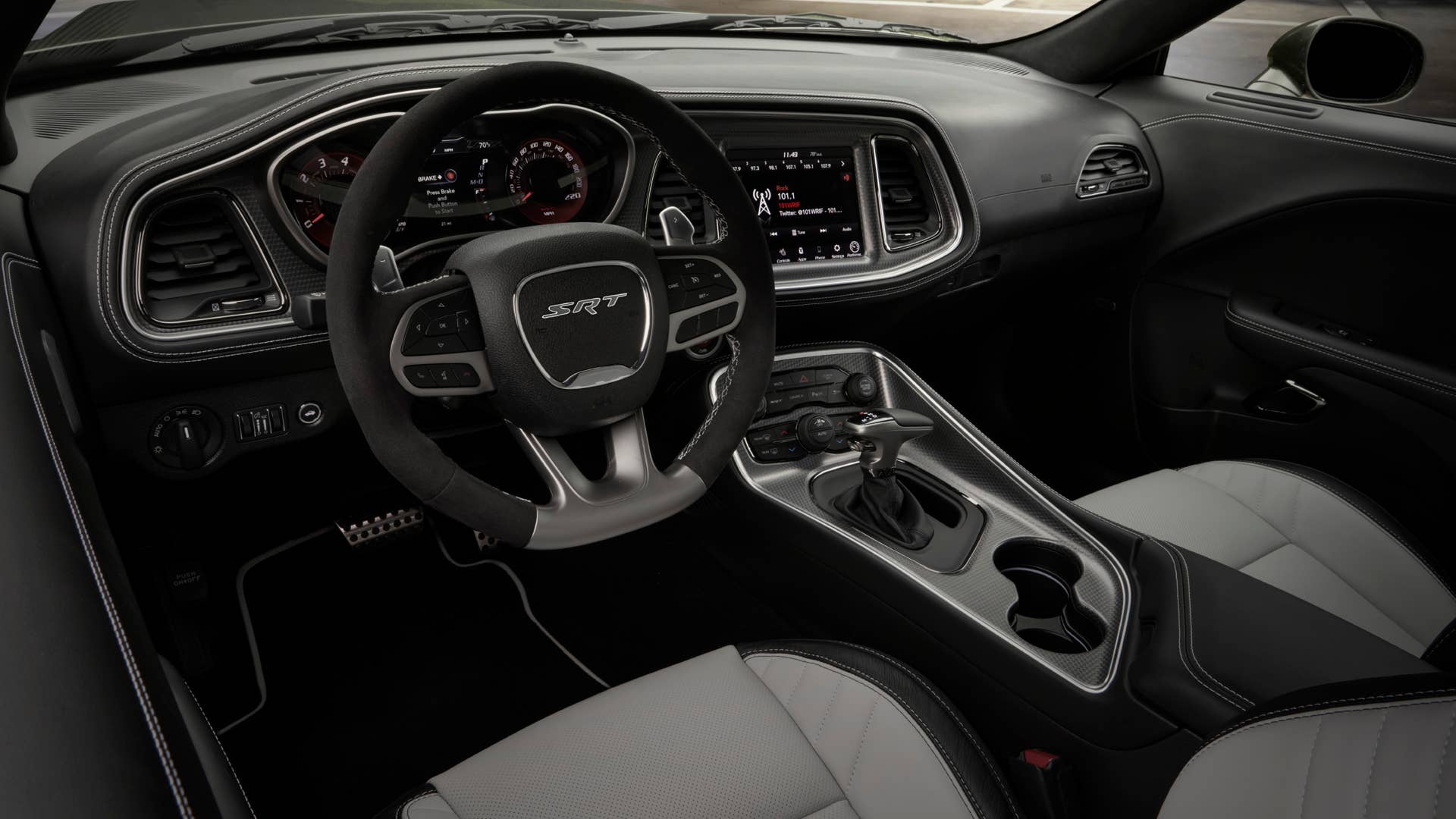 2022 Dodge Challenger SRT Hellcat Redeye Widebody Jailbreak model with Hammerhead Grey Laguna leather seats, floor mat accents and seat belts.