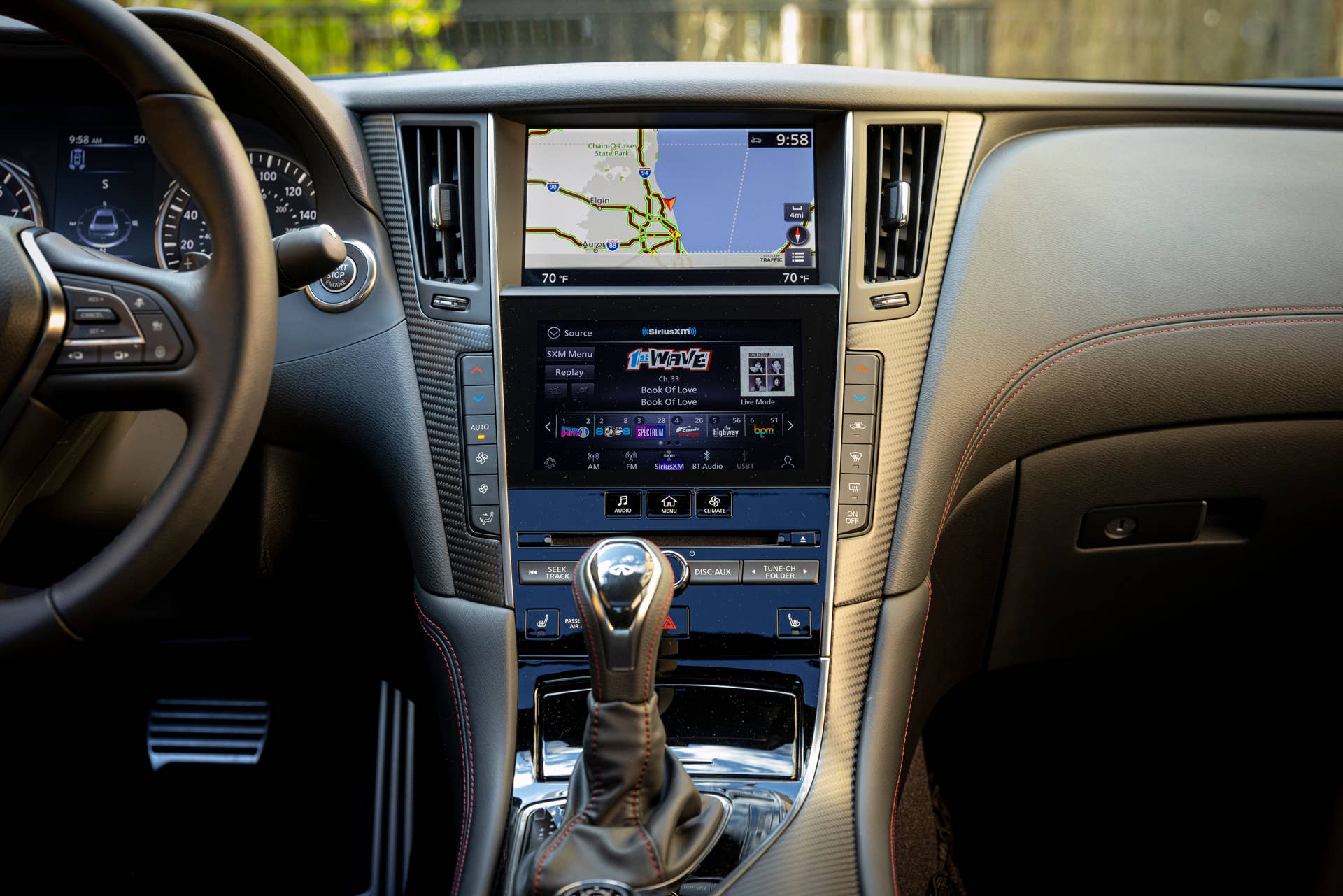 Q60 RED SPORT 400 AWD shown with Graphite trim and contrast red stitching