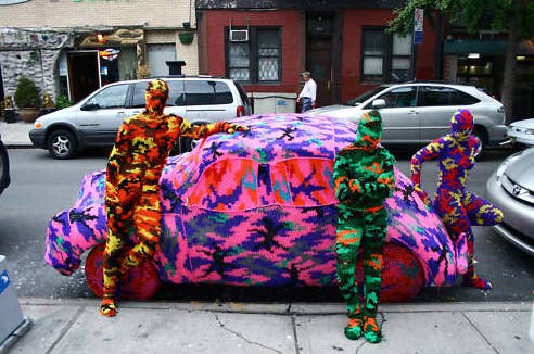 Olek's crocheted Morris Minor and friends
