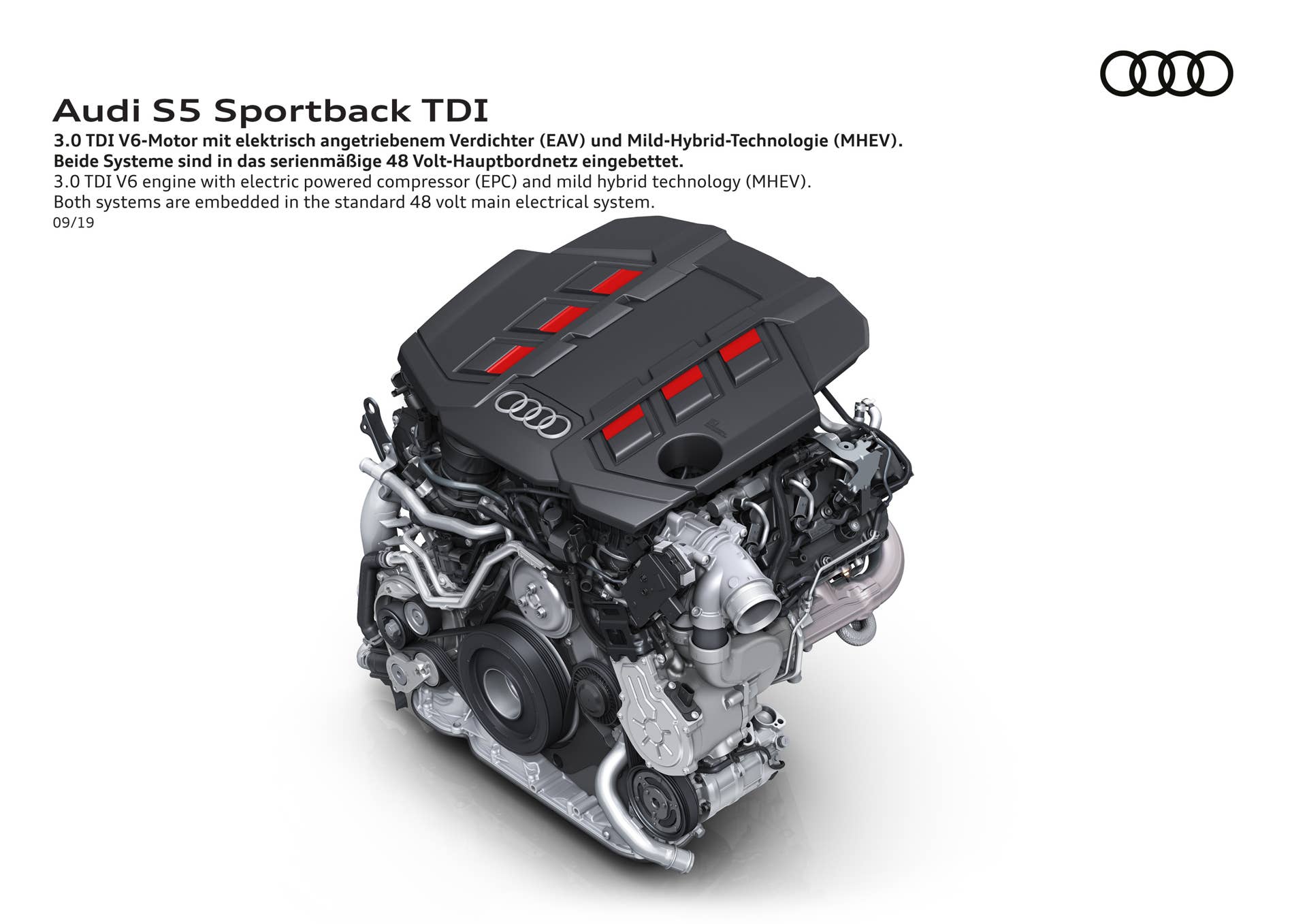 3.0 TDI V6 engine with electric powered compressor (EPC) and mild hybrid technology (MHEV). Both systems are embedded in the standard 48 volt main electrical system.
