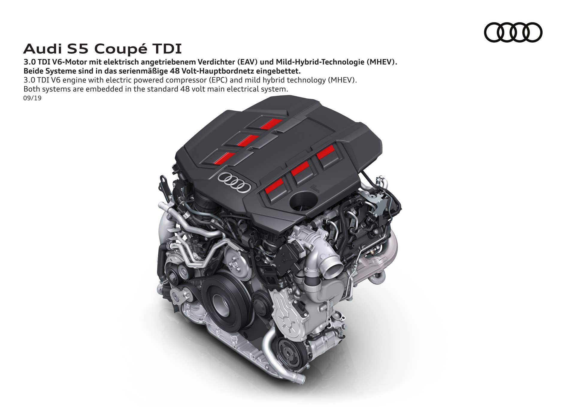 3.0 TDI V6 engine with electric powered compressor (EPC) and mild hybrid technology (MHEV). Both systems are embedded in the standard 48 volt main electrical system.