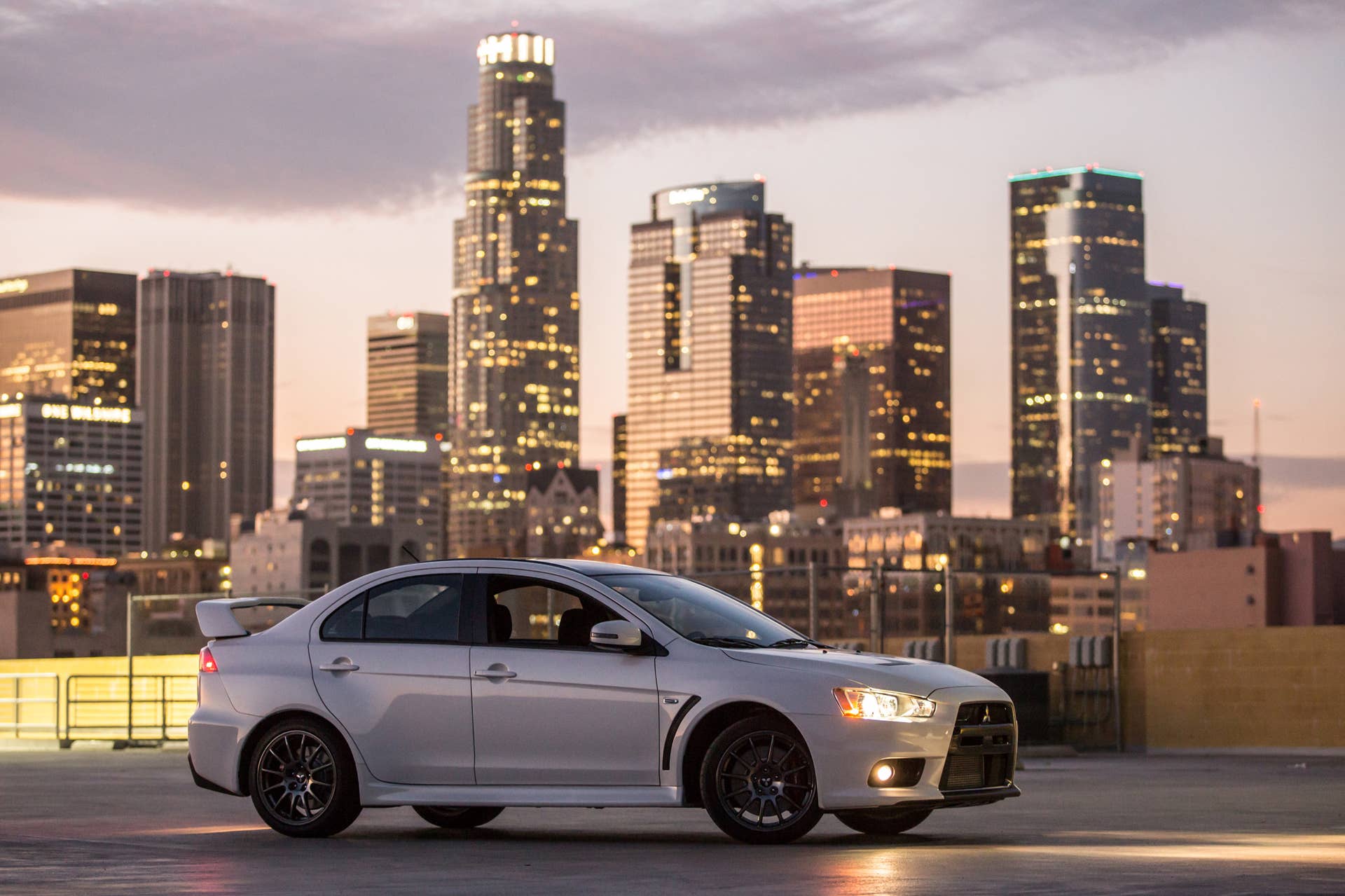The 2015 Mitsubishi Lancer Evolution Final Edition, side shot at night.