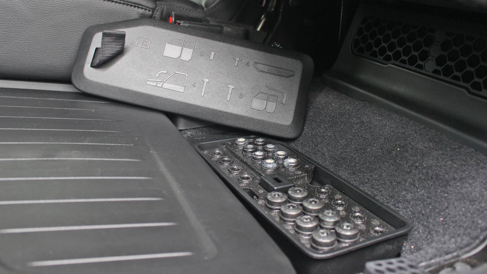 2020 Jeep Gladiator Rubicon underseat hardware box.