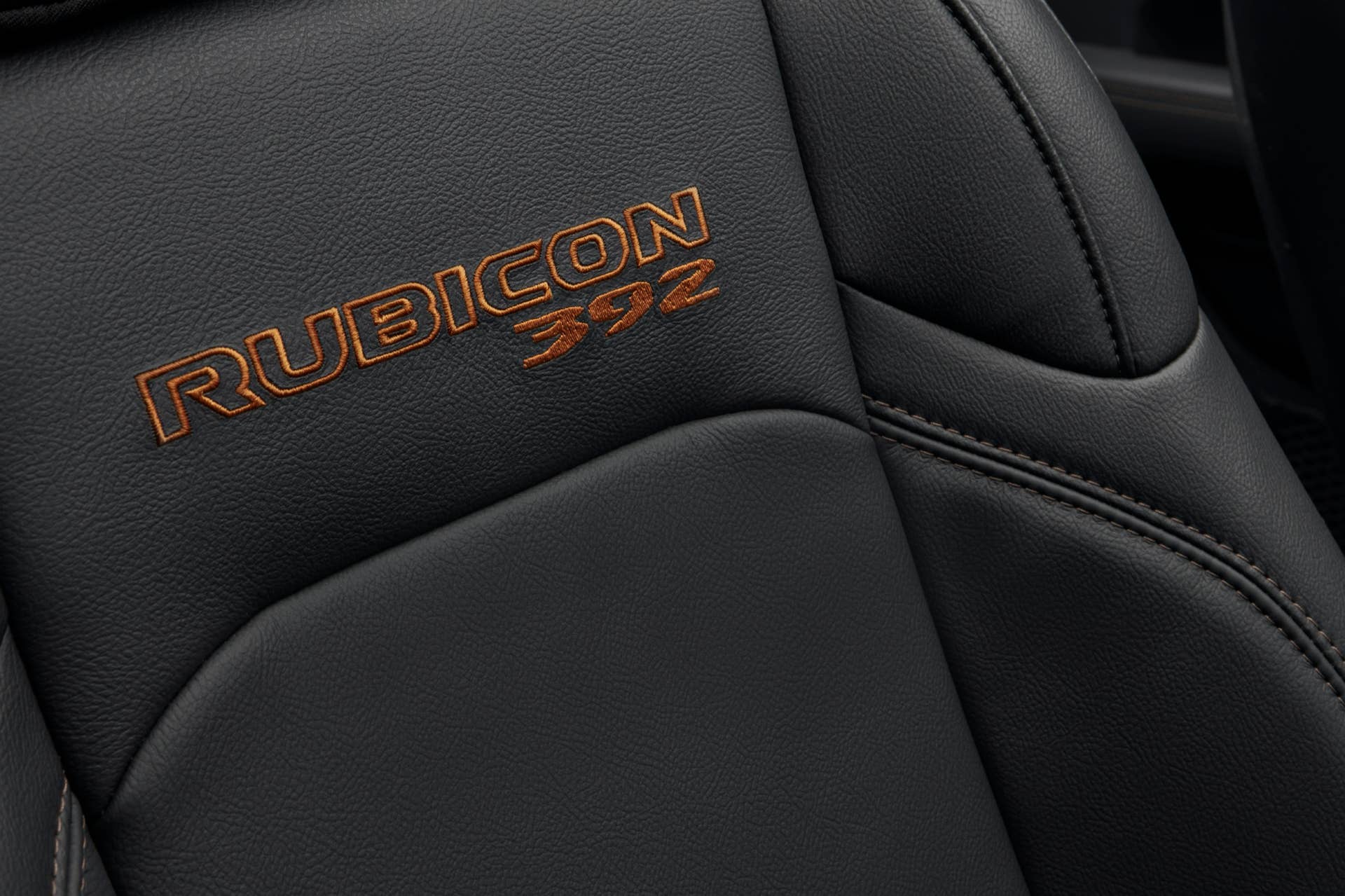The Jeep® Wrangler Rubicon 392’s leather-appointed interior, with unique Bronze stitching, includes seats with performance-inspired, integrated upper bolsters to hold comfortably occupants in place.