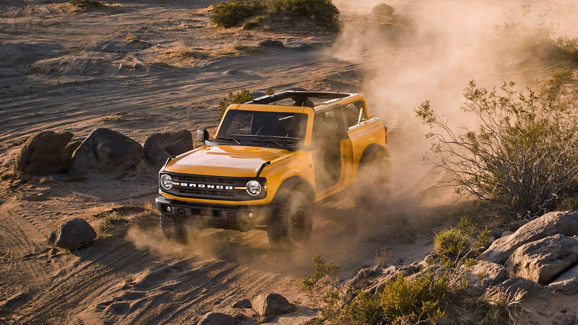 Pre-production 2021 two-door Bronco Black Diamond series in Cyber Orange Metallic Tri-Coat with available Sasquatch™ off-road package.