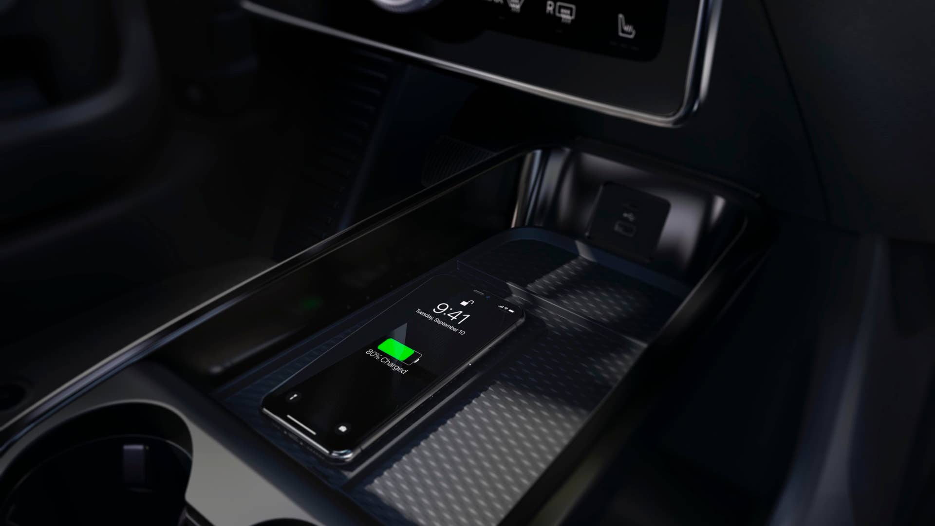 Inside Mustang Mach-E, a wireless charging pad makes it easier to cut the cord with compatible smartphones.