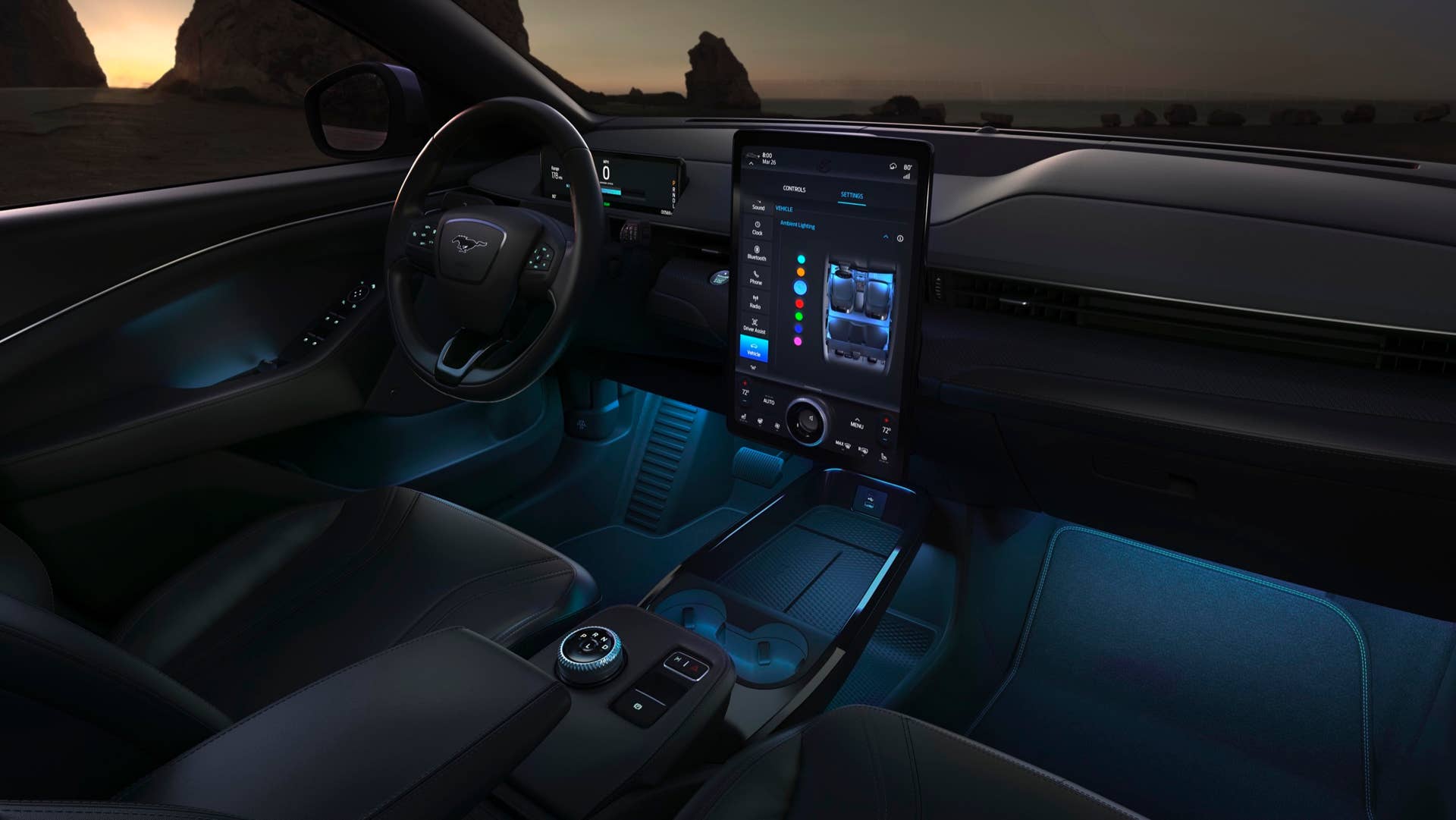 Drive experience features on the Mustang Mach-E include custom-designed vehicle responsiveness such as sportier steering controls, ambient lighting, sounds tuned for an authentic all-electric experience, and dynamic cluster animations that are tied to driving behavior.