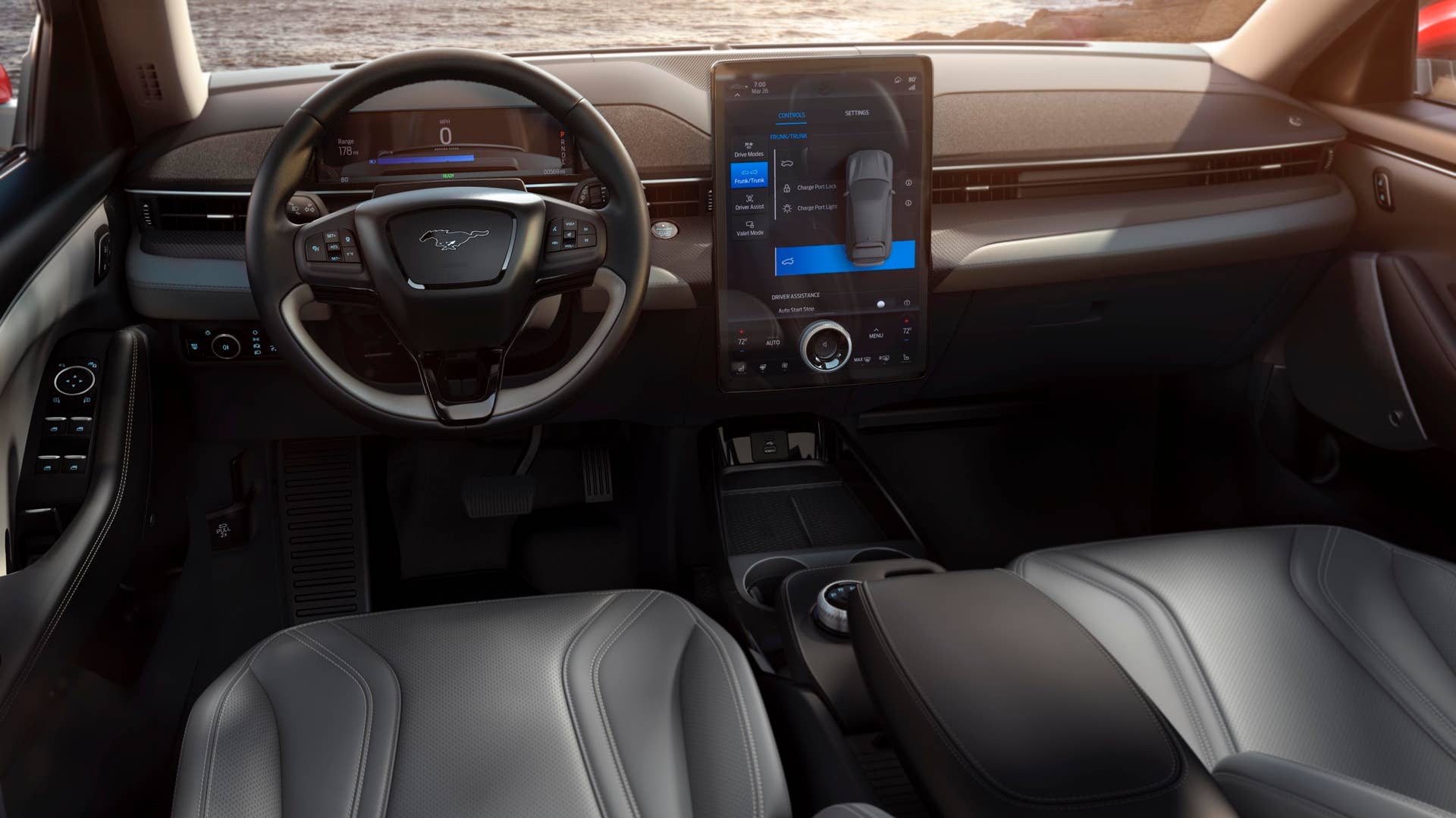Traditional Mustang design cues like the double-cowl instrument panel also round out the Mustang Mach-E's interior.