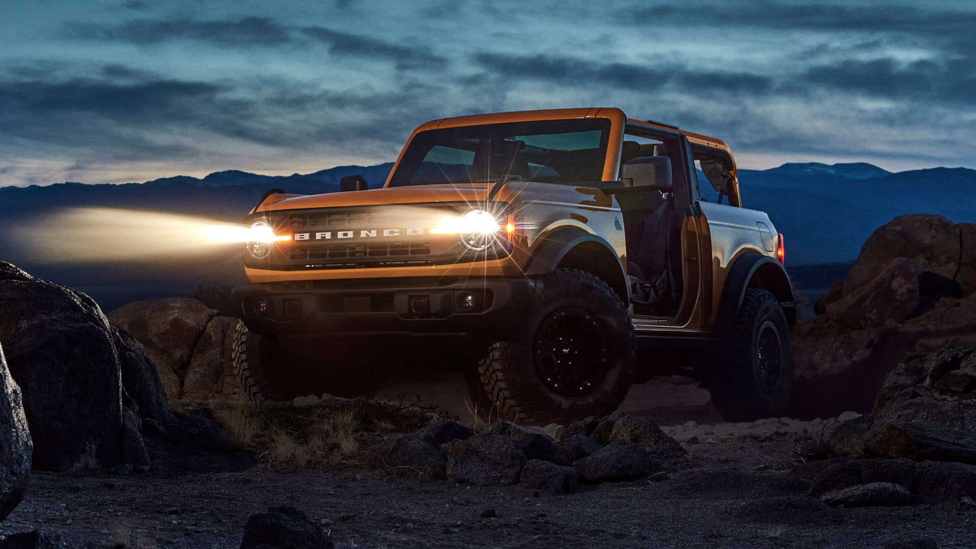 Pre-production 2021 two-door Bronco Black Diamond series in Cyber Orange Metallic Tri-Coat with Sasquatch™ off-road package.