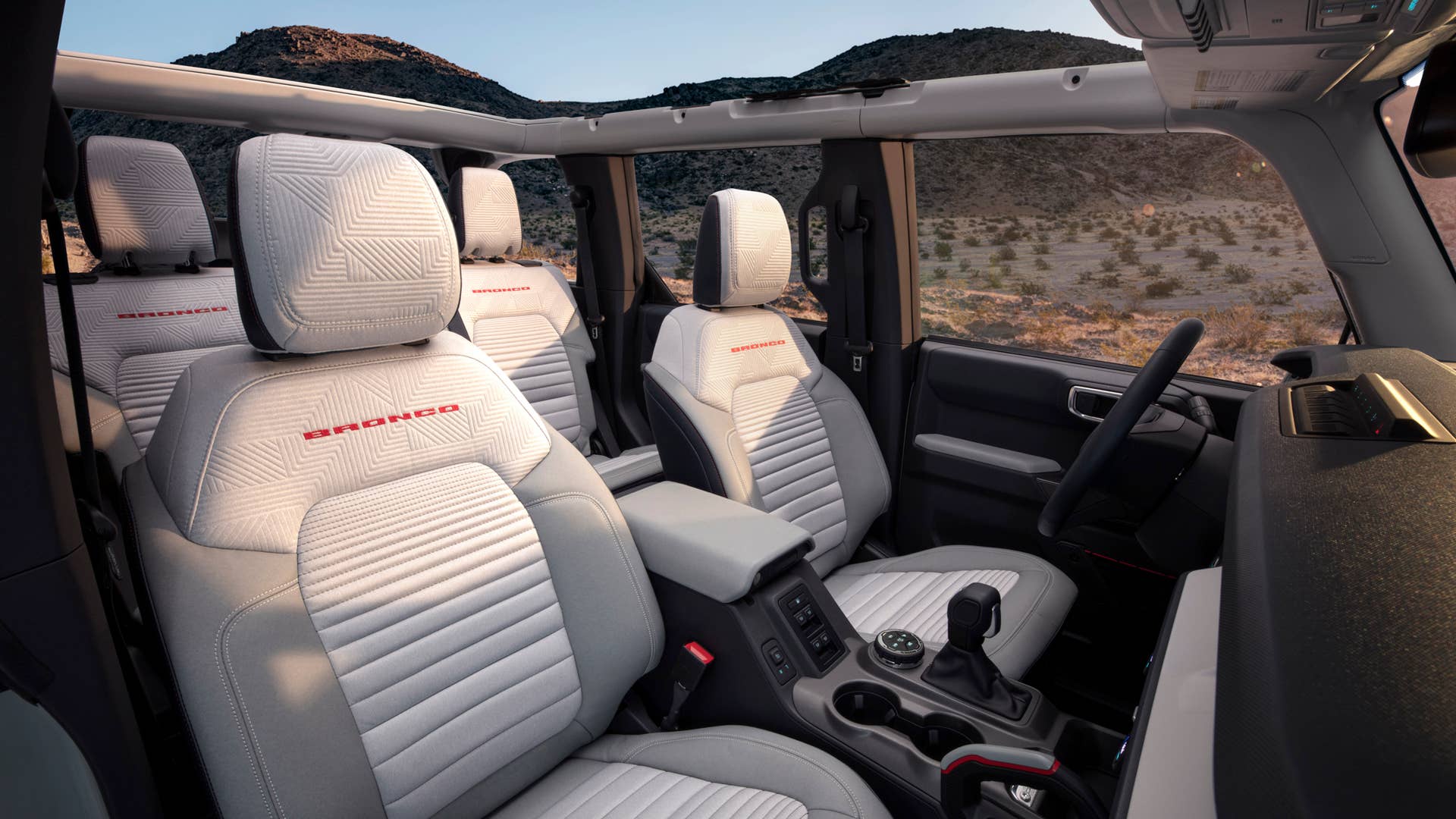 Interior seating details are shown on this prototype version, (not representative of production model) of a 2021 Bronco four-door model. (Static display on private property with aftermarket accessories not available for sale.)