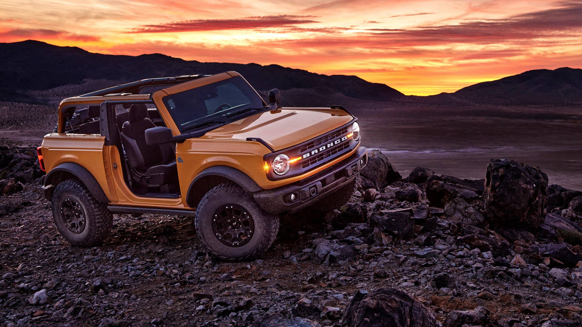 Pre-production 2021 two-door Bronco Black Diamond series in Cyber Orange Metallic Tri-Coat with available Sasquatch™ off-road package.