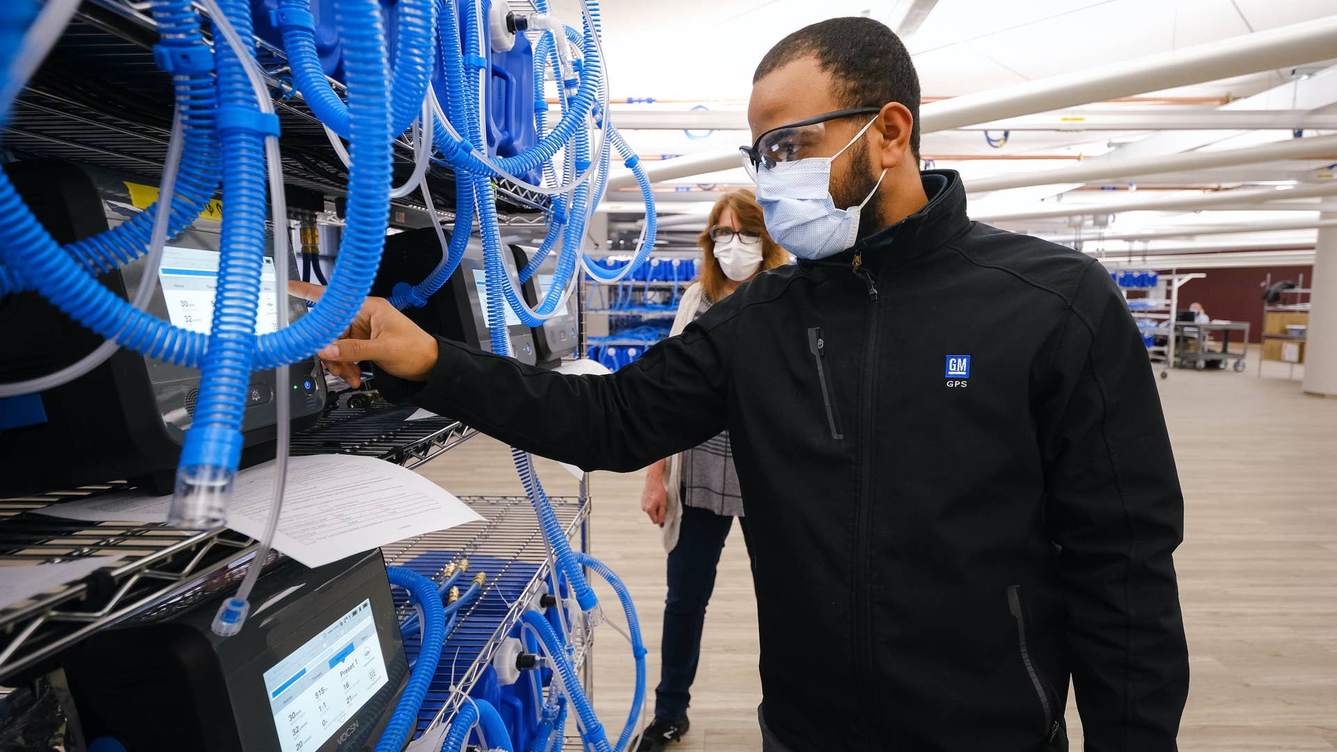 Workers build the first production ventilators at the General Motors manufacturing facility in Kokomo, Indiana, Tuesday, April 14, 2020. GM and Ventec Life Systems are partnering to produce Ventec critical care ventilators in response to the COVID-19 pandemic. (Photo by AJ Mast for General Motors)