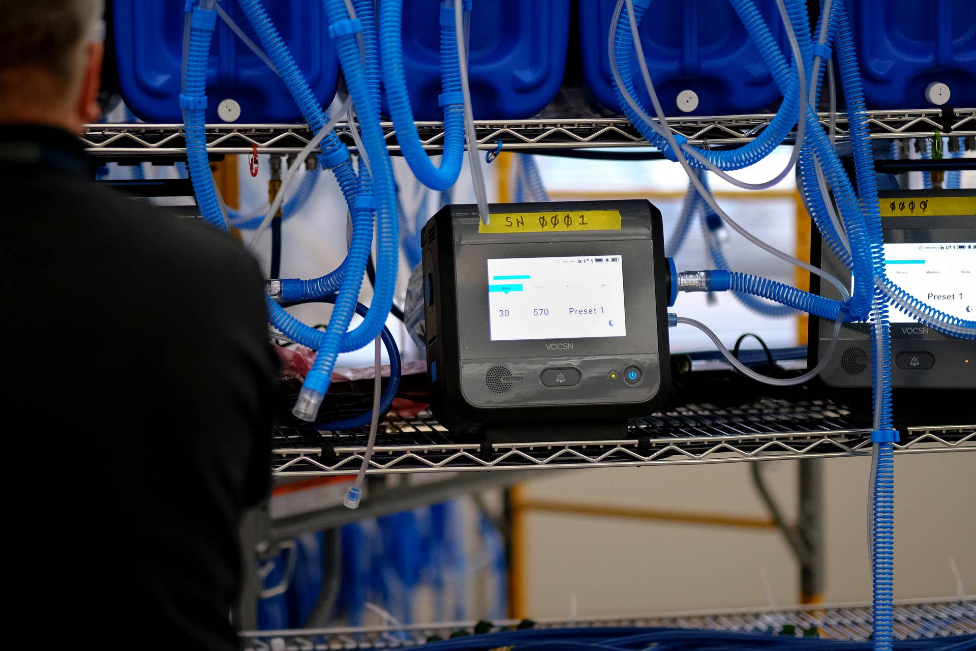 Workers build the first production ventilators at the General Motors manufacturing facility in Kokomo, Indiana, Monday, April 13, 2020. GM and Ventec Life Systems are partnering to produce Ventec critical care ventilators in response to the COVID-19 pandemic. (Photo by AJ Mast for General Motors)