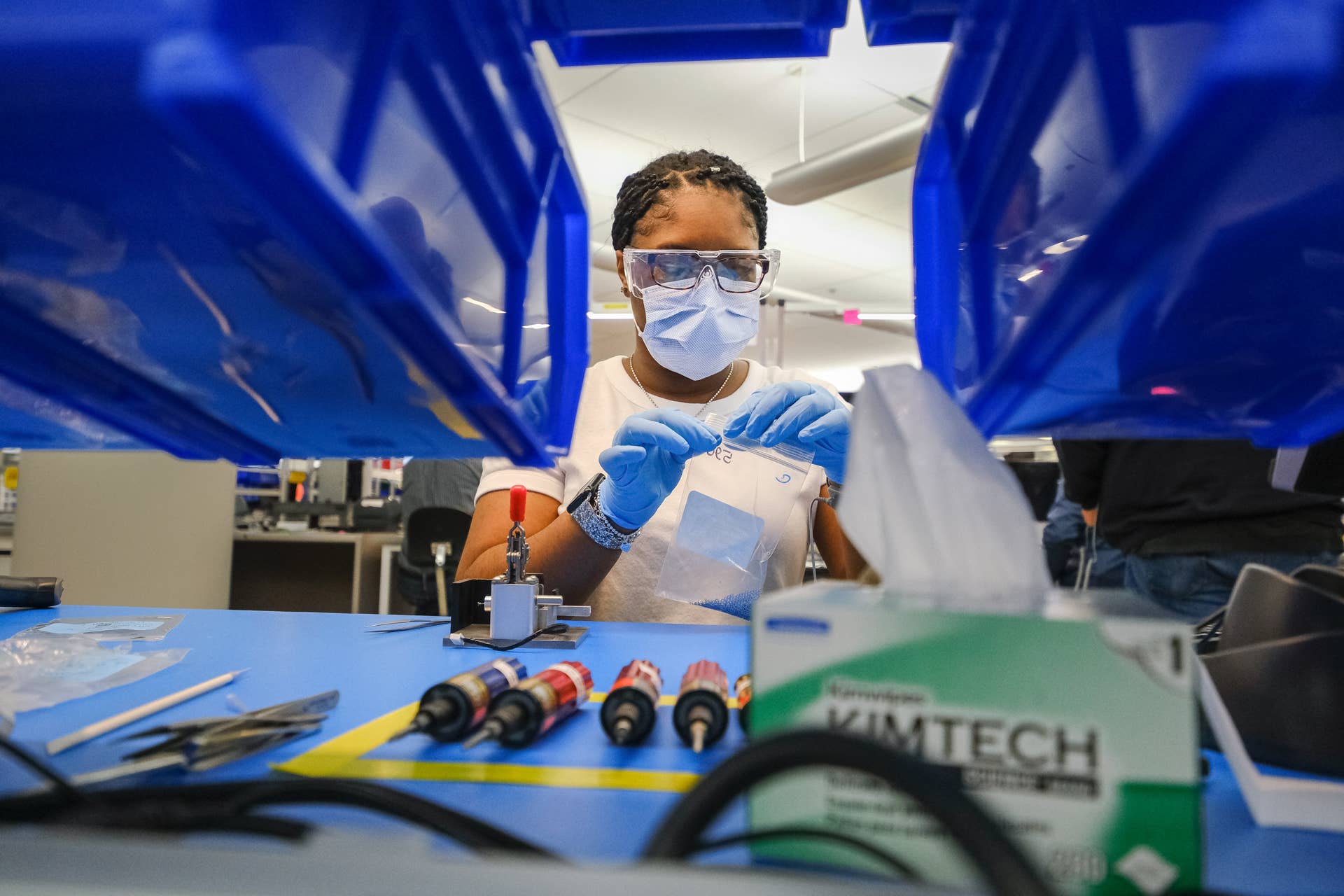 Workers build the first production ventilators at the General Motors manufacturing facility in Kokomo, Indiana, Monday, April 13, 2020. GM and Ventec Life Systems are partnering to produce Ventec critical care ventilators in response to the COVID-19 pandemic. (Photo by AJ Mast for General Motors)